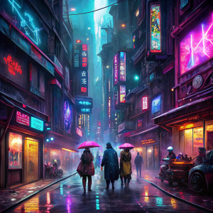 A bustling cyberpunk alleyway at night, illuminated by neon signs in various languages. Rain-soaked streets reflect the myriad of lights, and diverse, futuristic characters are seen interacting