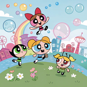The Powerpuff Girls, Bubbles, Blossom, and Buttercup, in a vibrant cartoon landscape filled with animated objects and characters from the show.