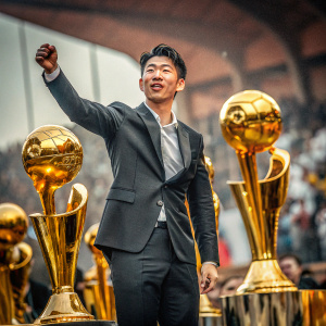 Son Heung-min, in a formal black suit, poses at the Tottenham Hotspur awards ceremony. Golden trophies and blurred audience in background.