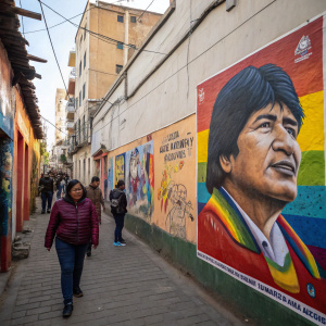 Evo Morales mural. Brightly colored, vibrant street art featuring multiple posters. Crowded urban alleyway