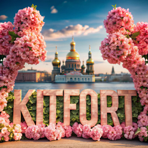 Kitfort bold typography, made of fluffy pink peach flowers, saint-petersburg background