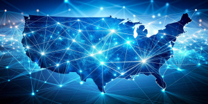 Digital map of USA, concept of North America global network and connectivity, data transfer and cyber technology, information exchange and telecommunication