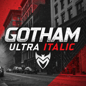 Promotional poster for Gotham Ultra Italic font. The design features bold, graphic elements with a rough texture, predominantly in black and red. Highlights the font's features and characteristics prominently.
