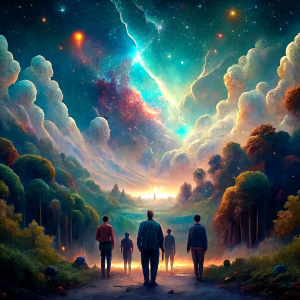 a group of 20 people are staring far into the universe.  You can see sparking stars from far away and the people give a feeling of community and unity in this new era. the background is full of nature and vegetation. At the end of the sky you can see a very shiny light