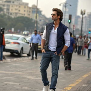 Hrithik Roshan, actor, in a casual yet stylish outfit. On the streets of Mumbai, filming a commercial.