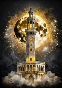 Minimalist monochromatic izmir saat kulesi and full moon. Gold leaf The background is abstract, with splashes of gold, gray, and black, giving the artwork a dynamic and ethereal feel, painting, vibrant, dark fantasy, illustration