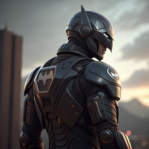 Futuristic character, viewed from behind, wearing a sleek, angular armor with brand logo. Streamlined body design, robotic influence.