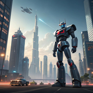 Mazinger Z robot in a sleek, modern digital rendering. Futuristic urban landscape