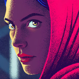 Digital illustration of Gal Gadot, close-up of her face, wearing makeup in earth tones. Background blurred