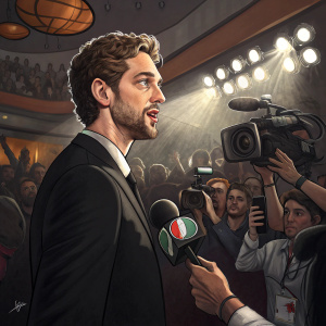 Pau Gasol, in a black suit, speaking at a basketball news conference. Crowded room with cameras and reporters.