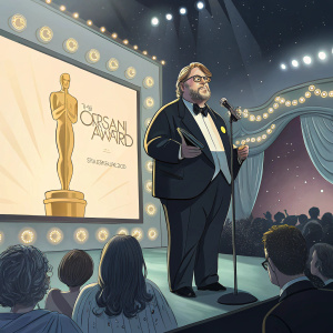 Guillermo del Toro at a glamorous award ceremony, delivering a heartfelt acceptance speech.