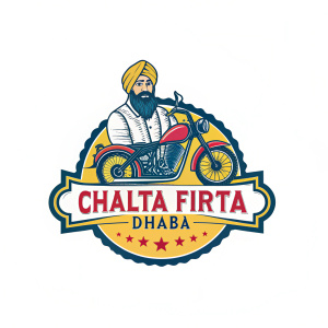Chalta Firta Dhaba's logo features a bearded man wearing a turban. The design includes motorcycle shapes and uses vivid colors like yellow, blue, and red. The name is written in eye-catching letters.