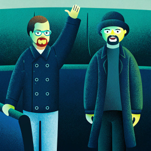 Digital illustration featuring Walter White and Jesse Pinkman from Breaking Bad. Cartoon style with bold colors and stylized designs.