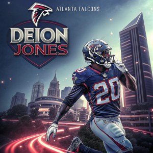 Deion Jones, Atlanta Falcons linebacker, in action pose. Dark blue jersey with player number 20. Dynamic cityscape in background. Falcons logo top center