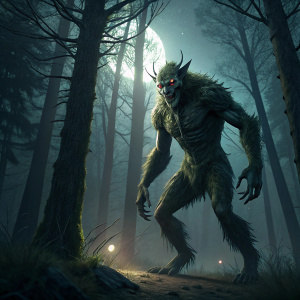 Digital 3D render of The Wendigo, a mythical being with greenish-gray skin and a terrifying demonic look.