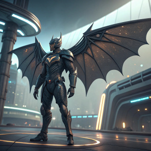 Digital art of Batrider from Dota 2. Standing in a futuristic landscape. Machine-enhanced wings, sharp metallic texture, detailed lines and patterns