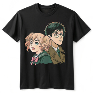 Digital illustration of Anya Forger and Damian Desmond from Spy x Family on a black t-shirt. Limited color palette. Plain background.