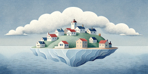 White illustration, Rene magritte style, isolated surrealistic collage of a lot of old Russian houses and trees on island, huge ocean and big sky, light pastel colors, asymmetrical composition, zoom out view, grainy texturing paper