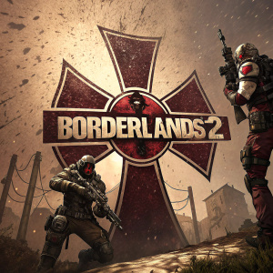 Promotional poster for Borderlands 2 featuring the Crimson Raiders. Dark, gritty texture with brown and beige tones. Symbolic cross design with stylized text.