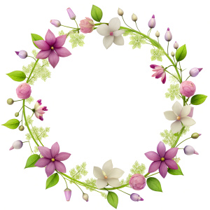 Garland of various flowers around "Thank you", white background