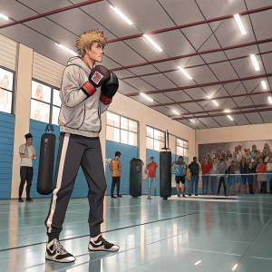 Illustration of Dual Blade from MapleStory. Standing in an indoor gymnasium. Surrounded by spectators and trainers. He wears a casual workout outfit and holds boxing gloves.