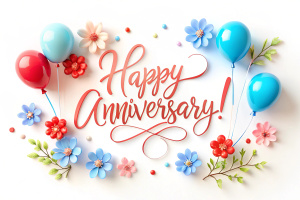 3D Text "Happy Anniversary!" with calligraphy style and with little pastel red and blue illustrated flowers and balloons isolated on white background.