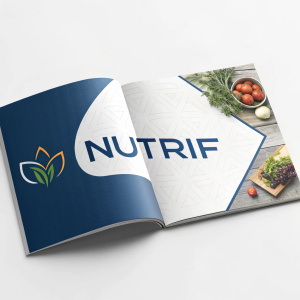 Nutrif brand's sleek and modern visual identity. Open book design, featuring Nutrif logo in blue and neutral tones. Professional marketing materials.