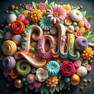 diseño con el Texto: loli ,con tipografía flores , 3d, flores vintage, colores vibrantes, full hd, hiperrealista, golosinas, caramelos