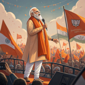 Narendra Modi, with his distinct white beard and hair, addressing a vibrant rally. A sea of supporters in orange