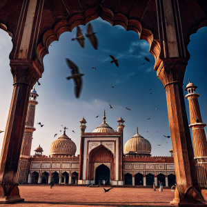 The ornate Jama Masjid mosque, located in bustling Old Delhi, India. Detailed stone work and earthy color palette. Various birds in mid-flight and descent, framing the tall, slender minarets and multiple domes.