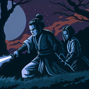 Pixel art illustration featuring characters from Fire Nation in Avatar: The Last Airbender. Nighttime scene with dark red and orange tones.