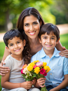 imagen de mama joven venezolana latina y sus hijos celebrando el dia de las madres
