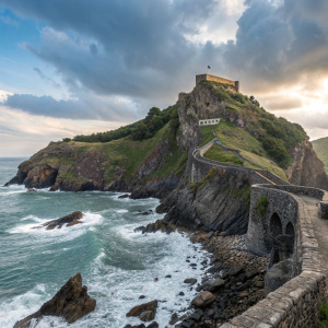 San Juan de Gaztelugatxe island in Biscay Bay, Spain. A stone fortress atop a rugged cliff. Sea waves crashing against rocky cliffs. Partly cloudy sky, dense greenery