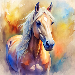 Vintage Old, Watercolor Soft Colors, Beautiful Beig Horse, Frontal View