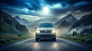 Volkswagen Transporter T6. Night road. A mountain. Headlights are on. Cool photo