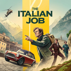 Movie poster for 'The Italian Job' featuring a vibrant design with a bold yellow stripe dividing the scene. Various actors posing in action poses.
