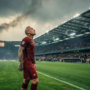 Radja Nainggolan, soccer player with tattoos, standing on a lush green soccer field during a match. Stadium filled with excited fans