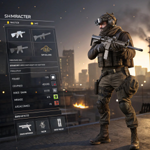 A screenshot from Modern Warfare 2. The character customization menu showcasing various weapons and gear. Dark and gritty cityscape in the background.