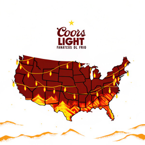 Digital advertisement for Coors Light Fanáticos Del Frio. Winter wonderland theme map of USA in Spanish, highlighting the brand's logo.