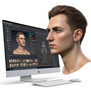 Advanced digital art and animation workstation. Features comprehensive toolbar with options for 2D vector art, 3D modeling, and animation. Includes detailed render of a human figure, close-up of a human face, and a sequence showcasing various stages of an artwork's development.