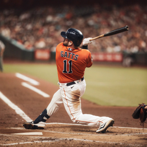 Evan Gattis, Houston Astros player, mid-swing. Orange jersey with number 11. Pitcher's mound and blurry stadium audience in background.