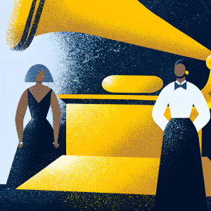 Christina Aguilera and Janelle Monae, both in formal attire, at the Grammy Awards. Christina in a sparkling black gown, Janelle in a white shirt and black skirt with bow-tie. Dark background, crowd visible