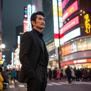 Takeshi Kaneshiro, dressed in a dark business suit, posing in the bustling Tokyo streets. Neon lights and crowd in the background
