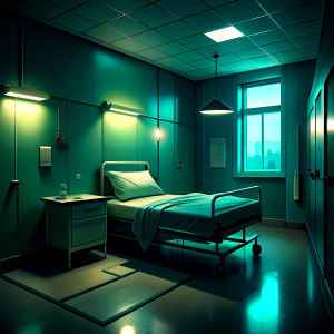 habitación de un hospital psiquiátrico, oscura y  da miedo y es solitaria,  solo una cama, con una persona llorando