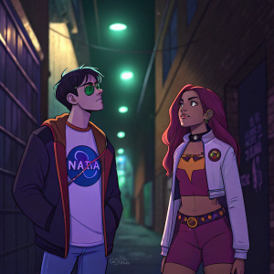 Robin and Starfire from Teen Titans. Wearing a NASA t-shirt and a casual jacket. Neon lights illuminate the dark alleyway background.