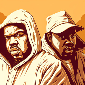 Caricatures of GZA and U-God from Wu-Tang Clan. Hand-drawn sketch style. Rough outlines, bold graphics, and yellow hues dominate the artwork.