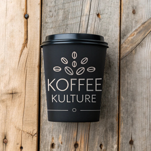 Koffee Kulture branding - sleek, black logo with minimalist coffee iconography on weathered wood backdrop