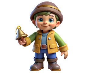 cute dwarf kid in boots in a jacket with a cap with a bell on his head