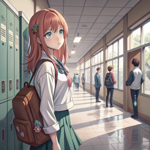 Nakano Nino from Quintessential Quintuplets, upset expression, digital artwork. Background is a school corridor.