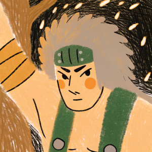 Digital art of Oonoki from Naruto series. He looks resolute and focused. Dark, mysterious background to highlight the character.